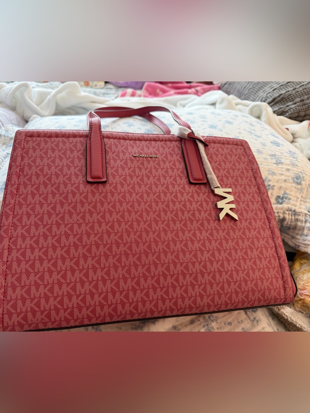 Michael Kors Pink-Red MK Logo Tote with silver Charm